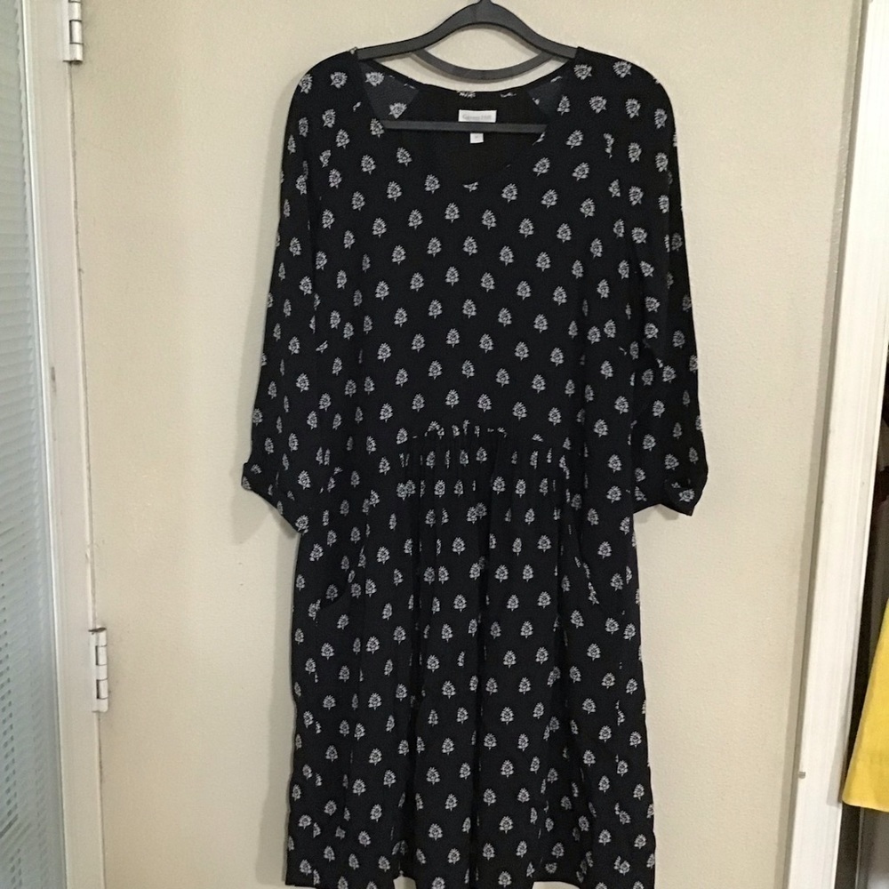 garnet hill dress prairie cottage core black white print boho S4 quarter sleeve